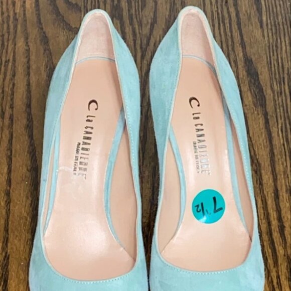 LA CANADIENNE Seafoam Suede Pointed Toe Stiletto Pumps EU 38.5 / US 7.5 - Picture 2 of 11